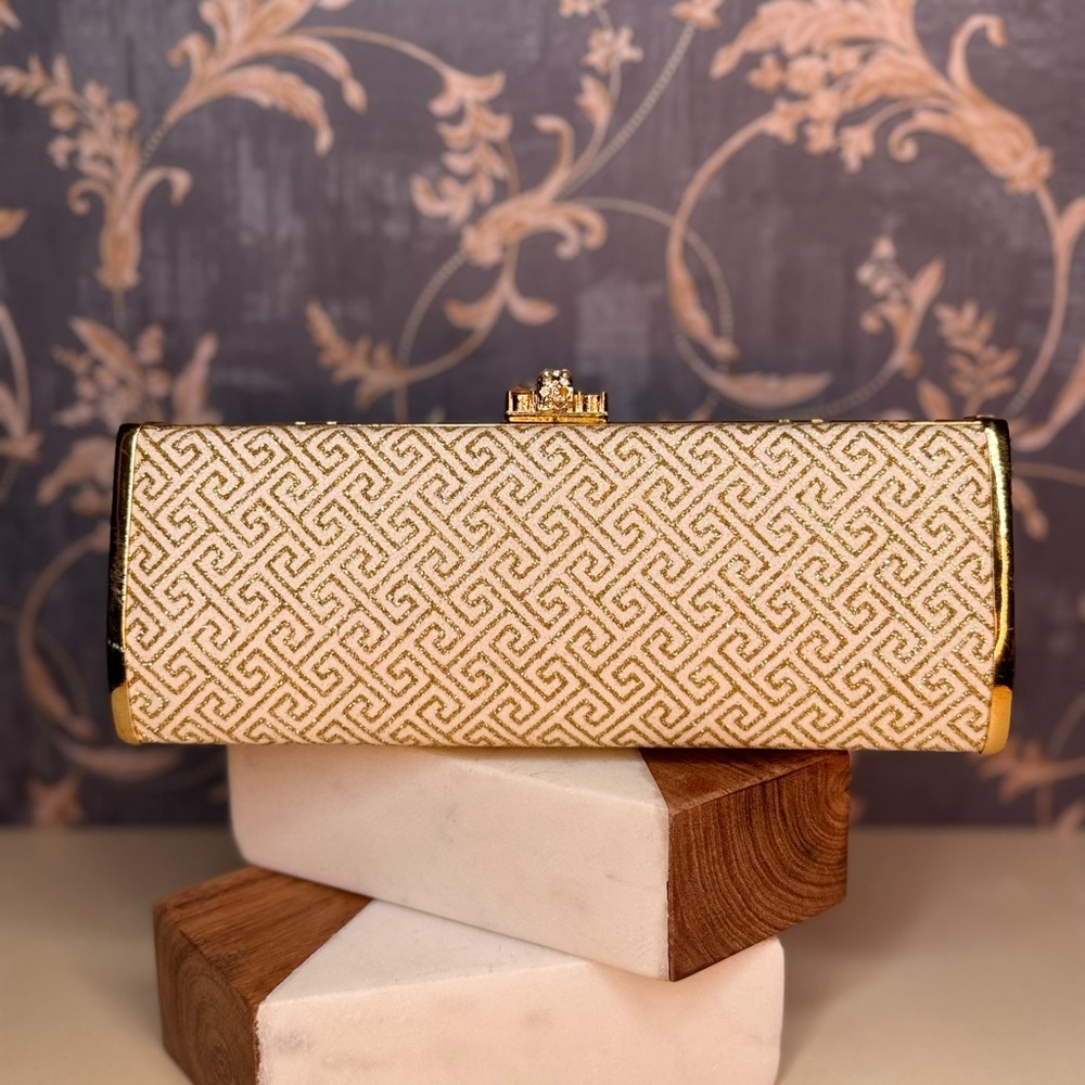 Estate Gold and Ivory Geometric Metallic Print Convertible Clutch Evening Bag